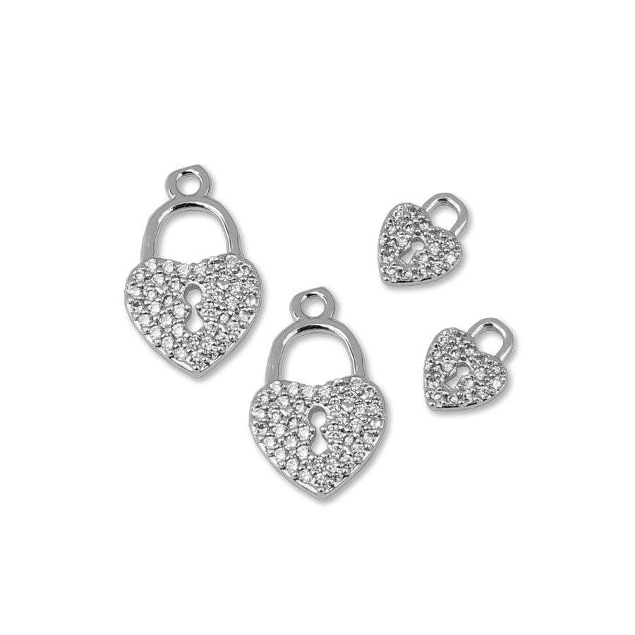 Locked Up in Love Crystal Heart Charm Set - Rhodium Plated - Goody Beads