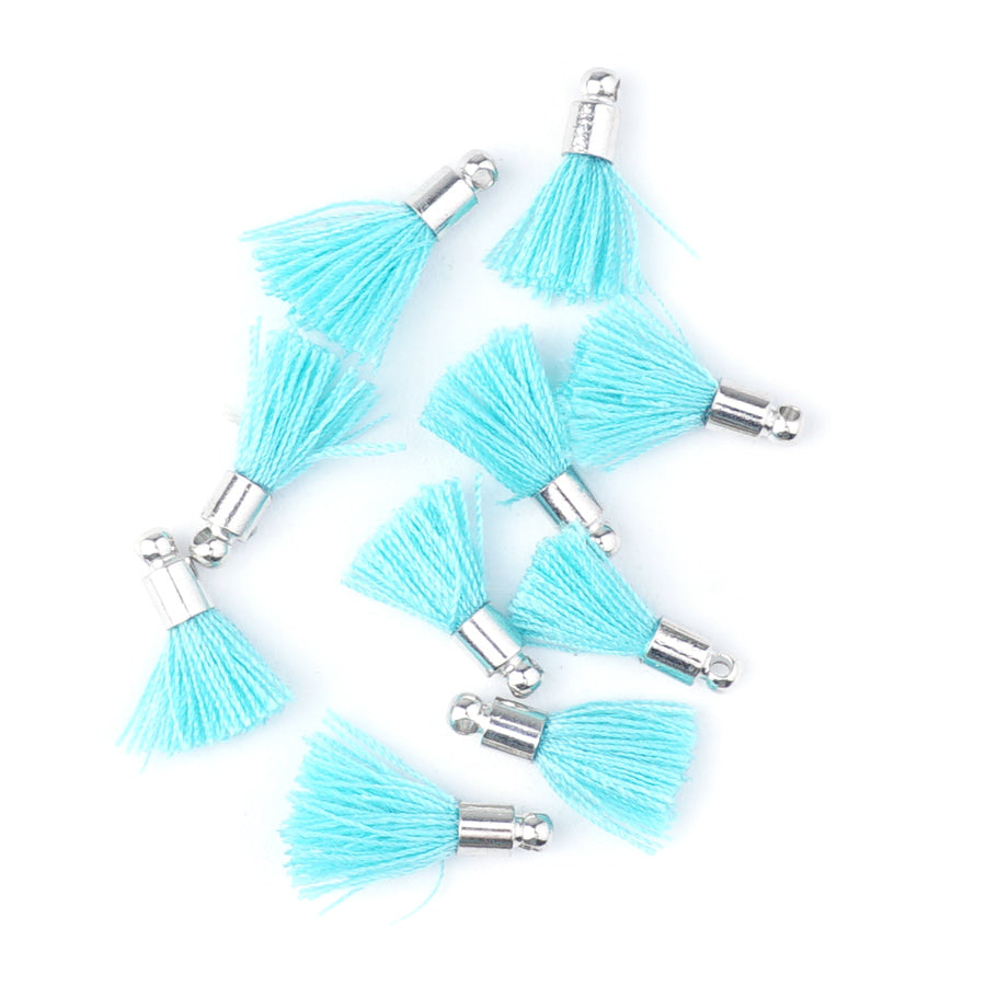 10mm Aqua Blue Fabric Tassel with Silver Cap - Goody Beads