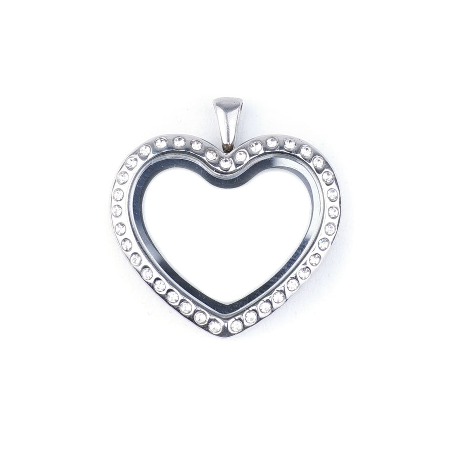 32mm Heart Shaped Stainless Steel Locket with Clear Crystals - Goody Beads