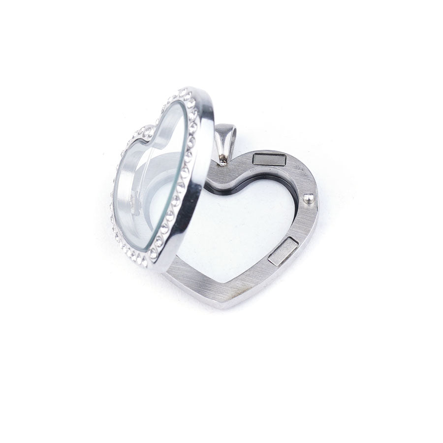 32mm Heart Shaped Stainless Steel Locket with Clear Crystals - Goody Beads