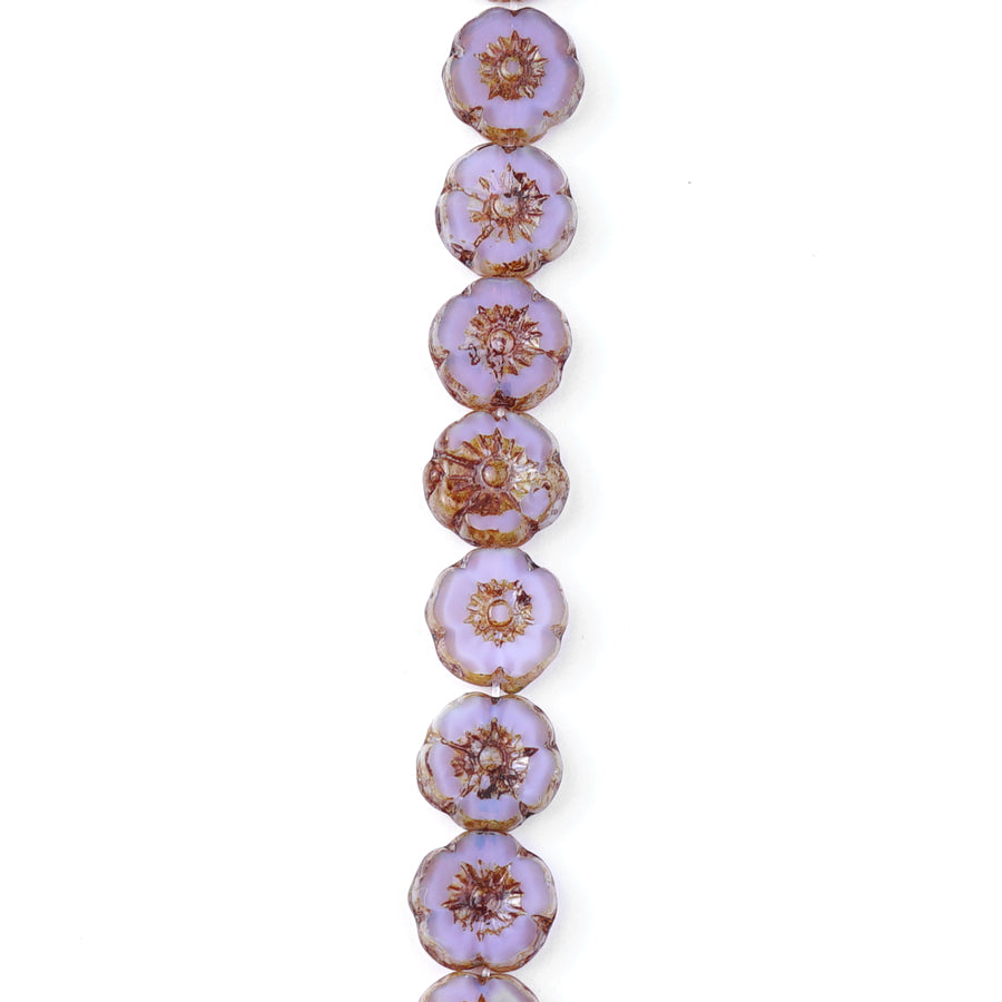 9mm Lilac Purple Silk with Picasso Finish Hibiscus Flower Czech Glass Beads from Raven's Journey - Goody Beads