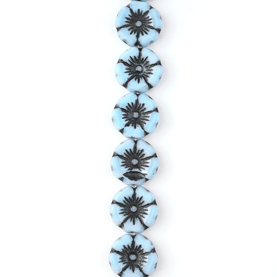 12mm Sky Blue Silk with Black Wash Hibiscus Flower Czech Glass Beads from Raven's Journey - Goody Beads