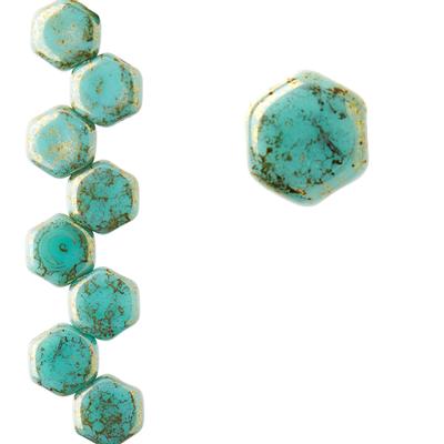 6.5mm Turquoise Green Lumi 2-Hole Honeycomb Shaped Czech Glass Beads - Goody Beads