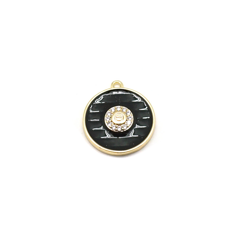 13mm Black Enamel Gold Plated Round Rhinestone Center Charm - Goody Beads