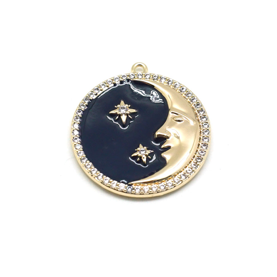 23mm Navy Enamel Gold Plated Round Man in the Moon Charm - Goody Beads