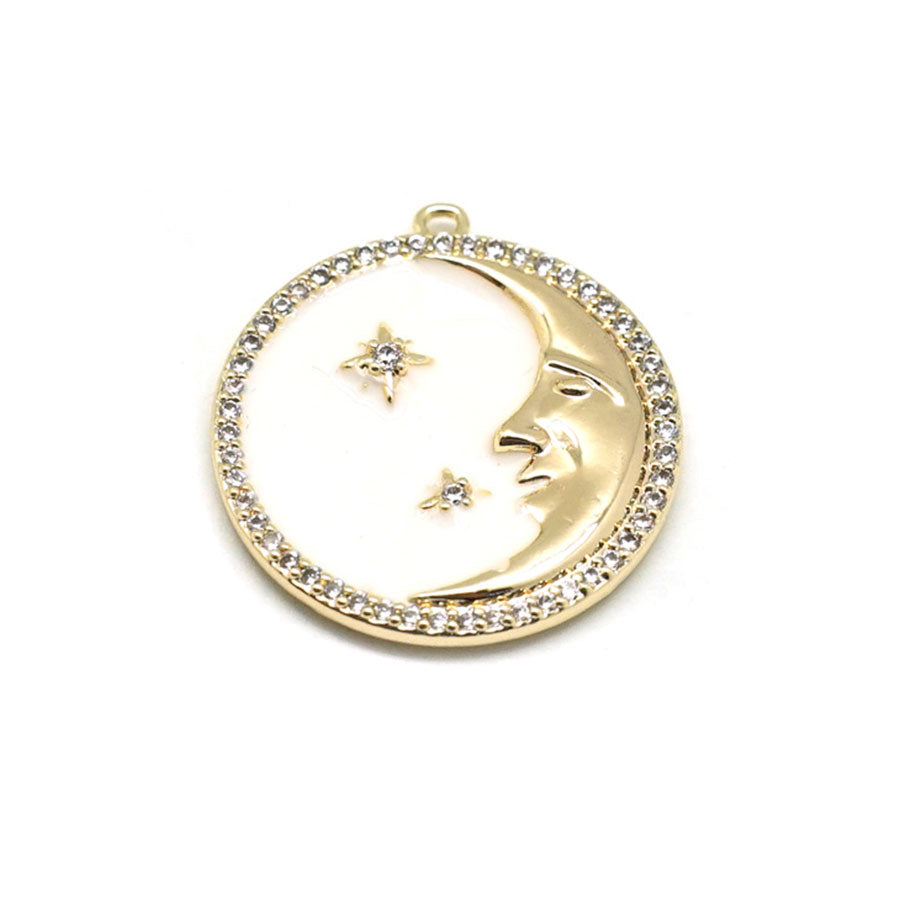 23mm Cream Enamel Gold Plated Round Man in the Moon Charm - Goody Beads