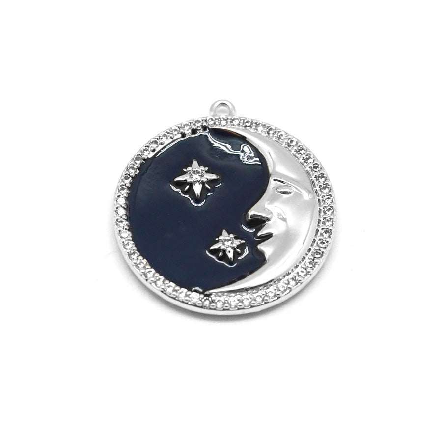 23mm Navy Enamel Rhodium Plated Round Man in the Moon Charm - Goody Beads