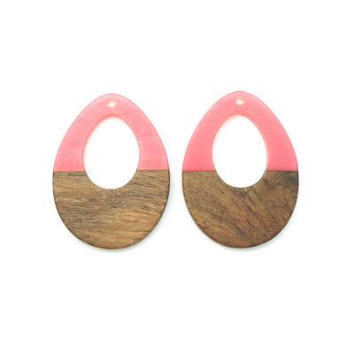28x38mm Wood & Pink Resin Off Center Drop Focal Pieces - 2 Pack - Goody Beads