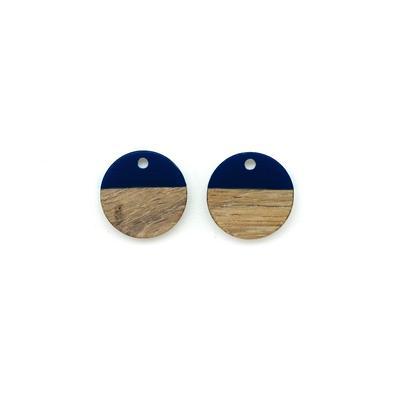 15mm Wood & Navy Blue Resin Disc Focal Piece Pendant Charm - 2 Pack - Goody Beads