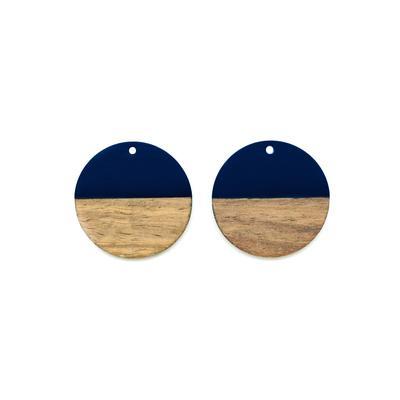 28mm Wood & Navy Blue Resin Disc Focal Piece Pendant Charm - 2 Pack - Goody Beads