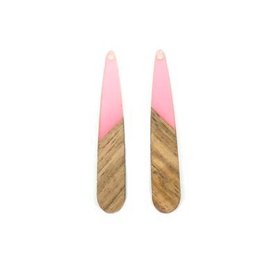 9x44mm Wood & Pink Resin Long Drop Focal Piece Pendant Charm - 2 Pack - Goody Beads