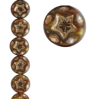 10mm Brown, Green and Red with Gold Star Coin Czech Glass Beads from Raven's Journey - Goody Beads