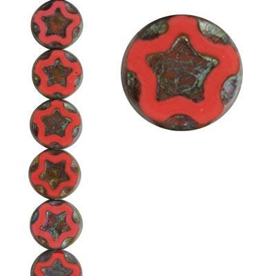 10mm Brown with Coral Star Coin Czech Glass Beads from Raven's Journey - Goody Beads