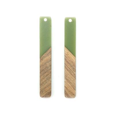 8x52mm Wood & Olive Green Resin Long Rectangle Focal Piece Pendant Charm - 2 Pack - Goody Beads