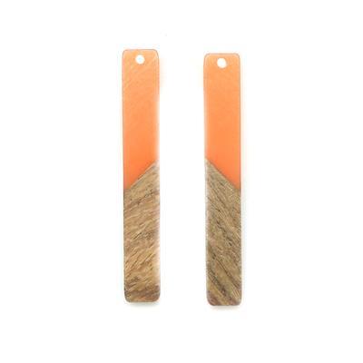 8x52mm Wood & Orange Resin Long Rectangle Focal Piece Pendant Charm - 2 Pack - Goody Beads