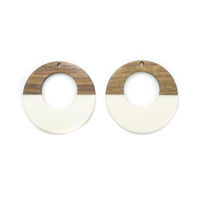 38mm Wood & Cream Resin Off Center Donut Focal Piece Pendant - 2 Pack - Goody Beads