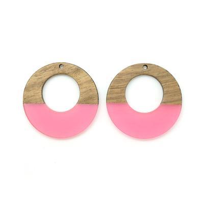 38mm Wood & Pink Resin Off Center Donut Focal Piece Pendant - 2 Pack - Goody Beads