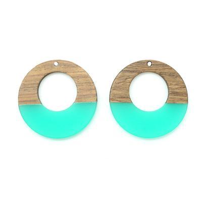 38mm Wood & Sea Blue Resin Off Center Donut Focal Piece Pendant - 2 Pack - Goody Beads
