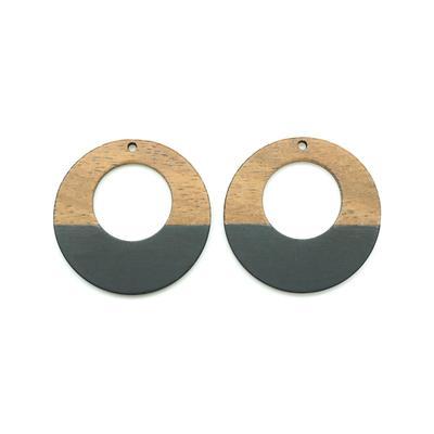 38mm Wood & Black Resin Off Center Donut Focal Piece Pendant - 2 Pack - Goody Beads