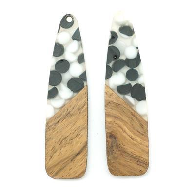 17x66mm Wood & Clear Resin with Black & White Dots Raindrop Focal Piece Pendant - 2 Pack - Goody Beads
