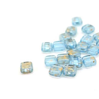 6mm Gold Marbled Light Sapphire Two Hole Tile Czech Glass Beads by CzechMates - Goody Beads