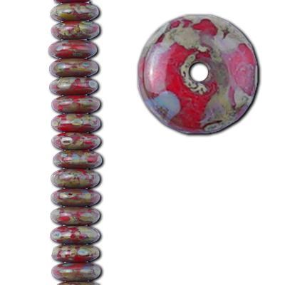 6mm Red Coral Opaque with Picasso Finish Czech Disc Spacer Beads from Raven's Journey - Goody Beads