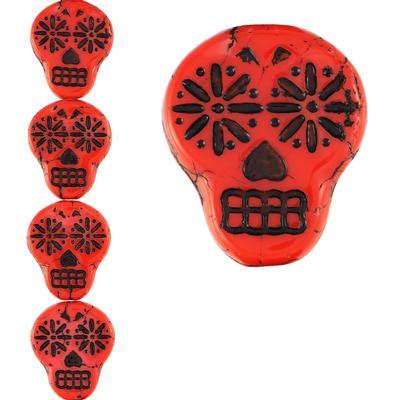 20mm Coral Red Opaque with Black Wash Sugar Skull Czech Glass Beads from Raven's Journey - Goody Beads