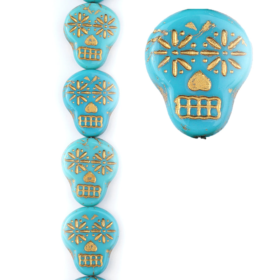 20mm Turquoise Opaque with Gold Wash Sugar Skull Czech Glass Beads from Raven's Journey - Goody Beads