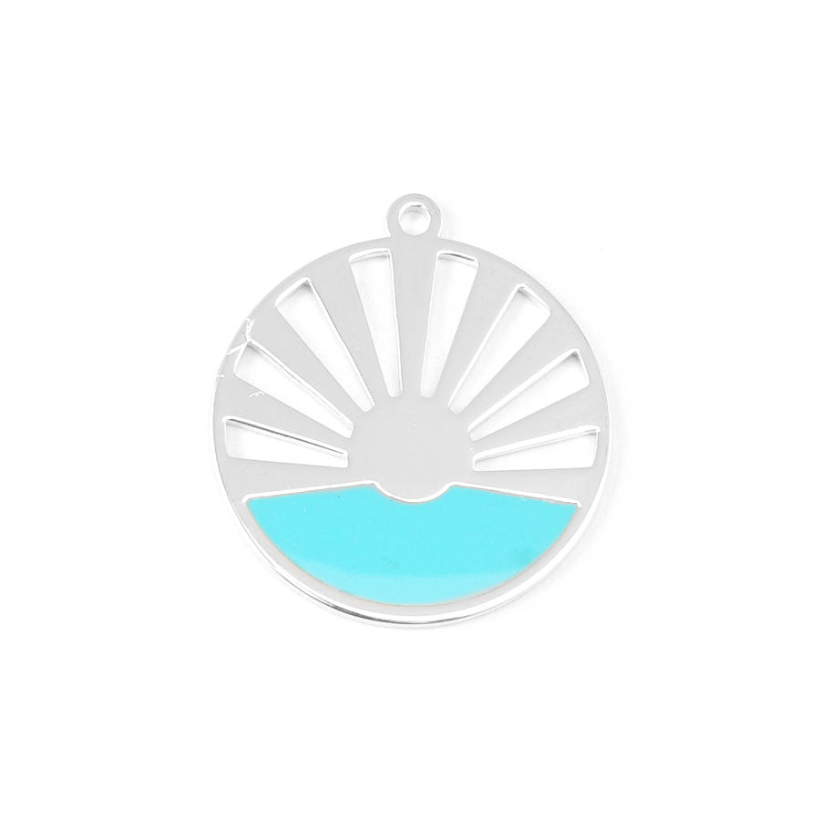 28mm Rhodium Plated Art Deco Sun Pendant with Turquoise Enamel - Goody Beads