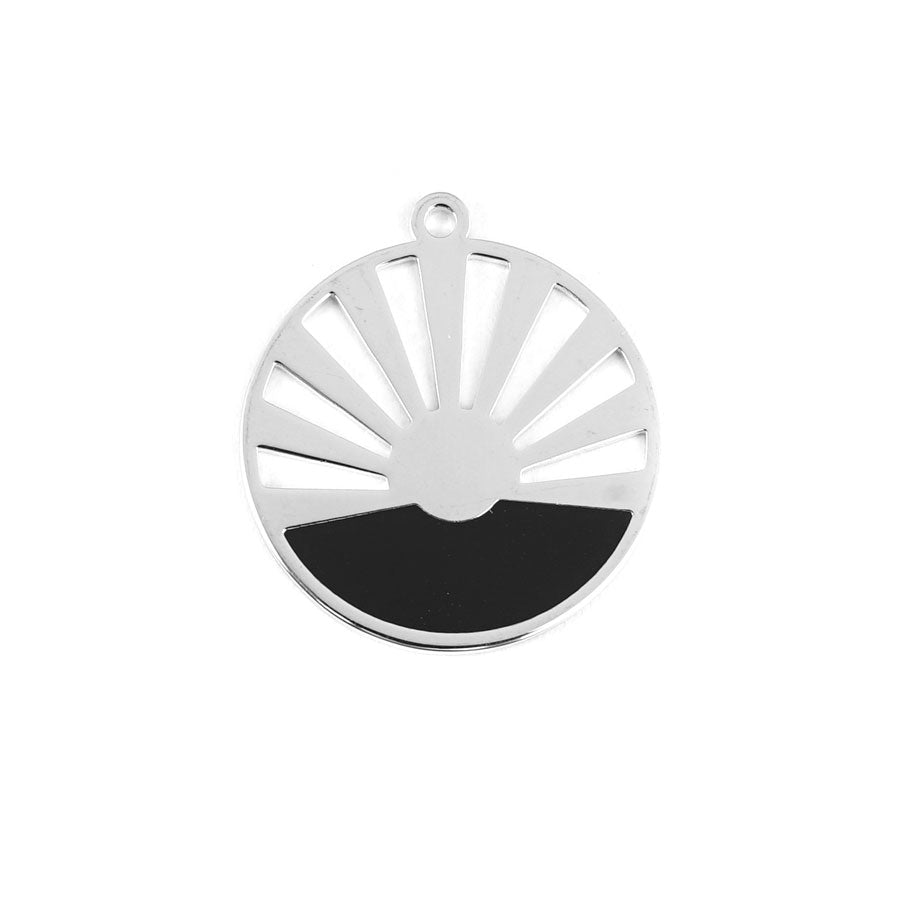 28mm Rhodium Plated Art Deco Sun Pendant with Black Enamel - Goody Beads