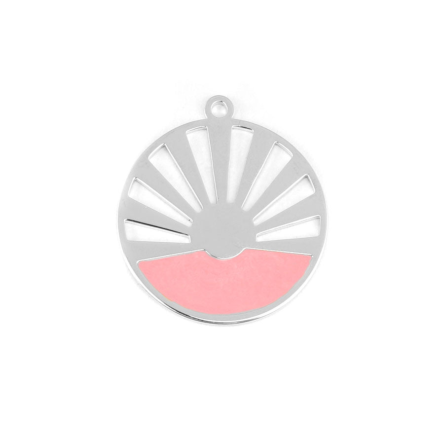 28mm Rhodium Plated Art Deco Sun Pendant with Coral Enamel - Goody Beads