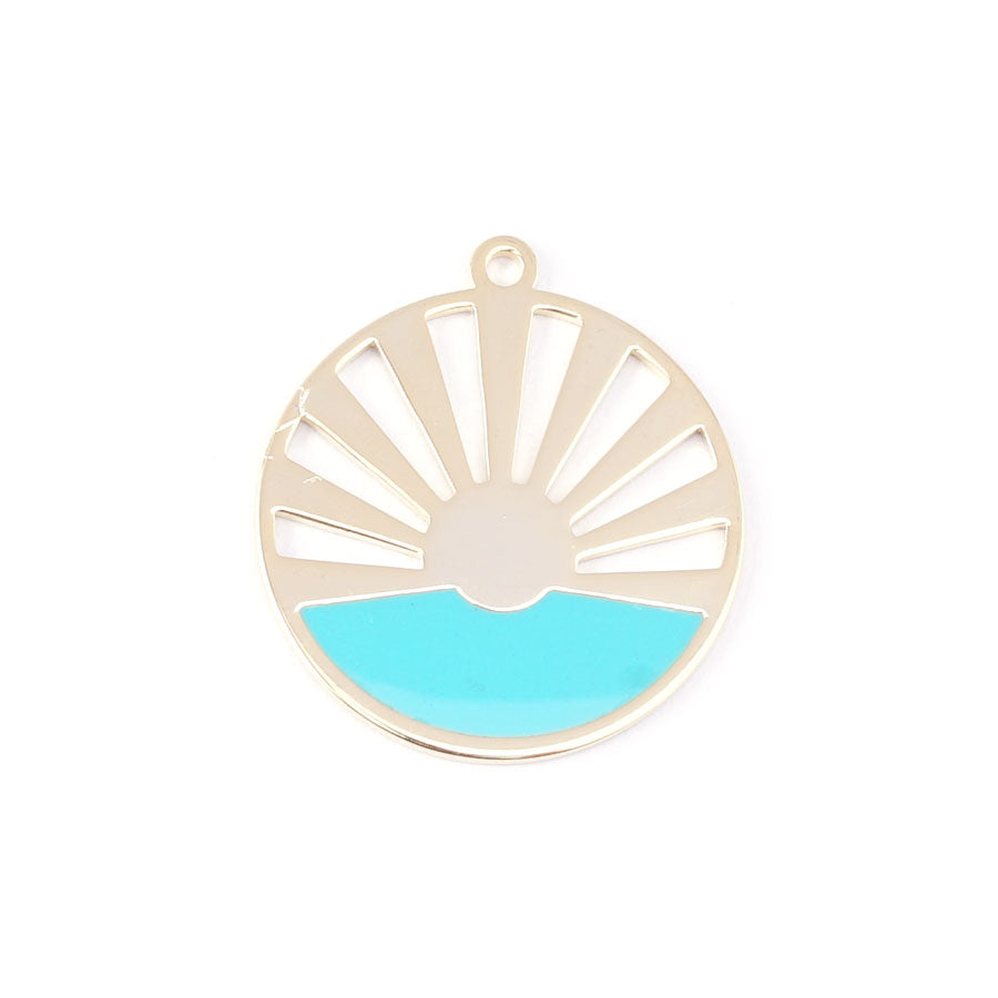 28mm Gold Plated Art Deco Sun Pendant with Turquoise Enamel - Goody Beads