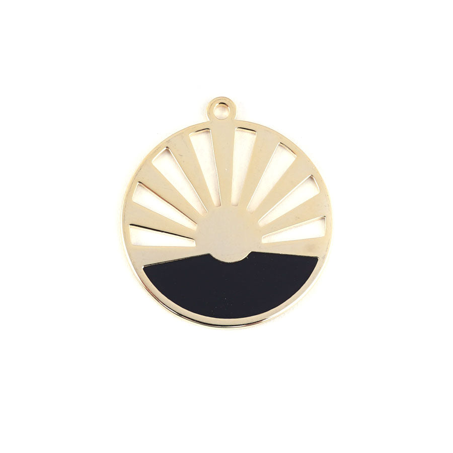 28mm Gold Plated Art Deco Sun Pendant with Black Enamel - Goody Beads