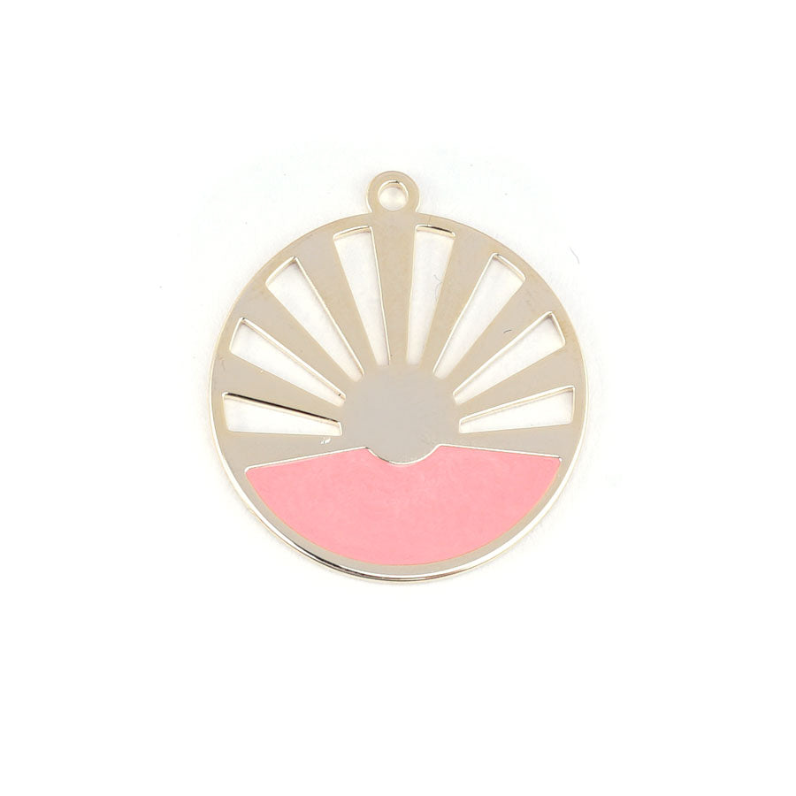 28mm Gold Plated Art Deco Sun Pendant with Coral Enamel - Goody Beads