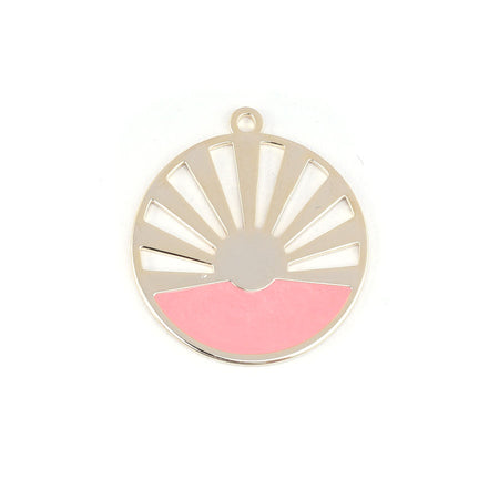 28mm Gold Plated Art Deco Sun Pendant with Coral Enamel - Goody Beads