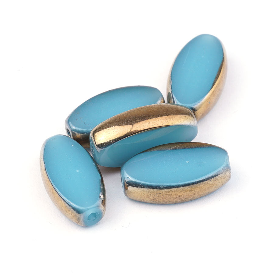 18mm Aqua with Gold Edge Oval Pressed Glass Bead  - Goody Beads