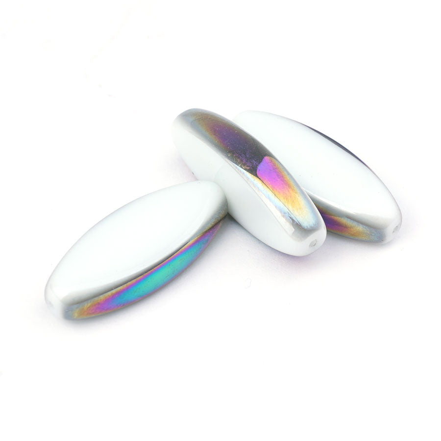 30mm White with Irridescent Edge Oval  Pressed Glass Bead - Goody Beads