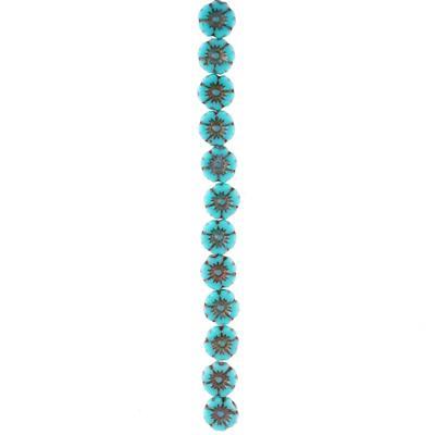 7mm Turquoise Opaque with Dark Bronze Wash Hibiscus Flower Czech Glass Beads from Raven's Journey - Goody Beads