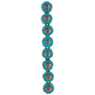 9mm Turquoise Green Opaque with Bronze Finish Hibiscus Flower Czech Glass Beads from Raven's Journey - Goody Beads