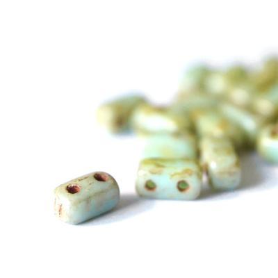 6mm Picasso Opaque Pale Turquoise Two Hole Brick Czech Glass Beads by CzechMates - Goody Beads
