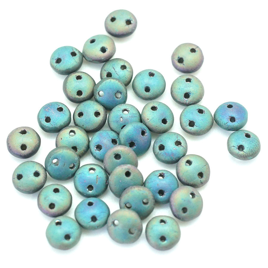 6mm Matte Iris Green Two Hole Lentil Czech Glass Beads by CzechMates - Goody Beads