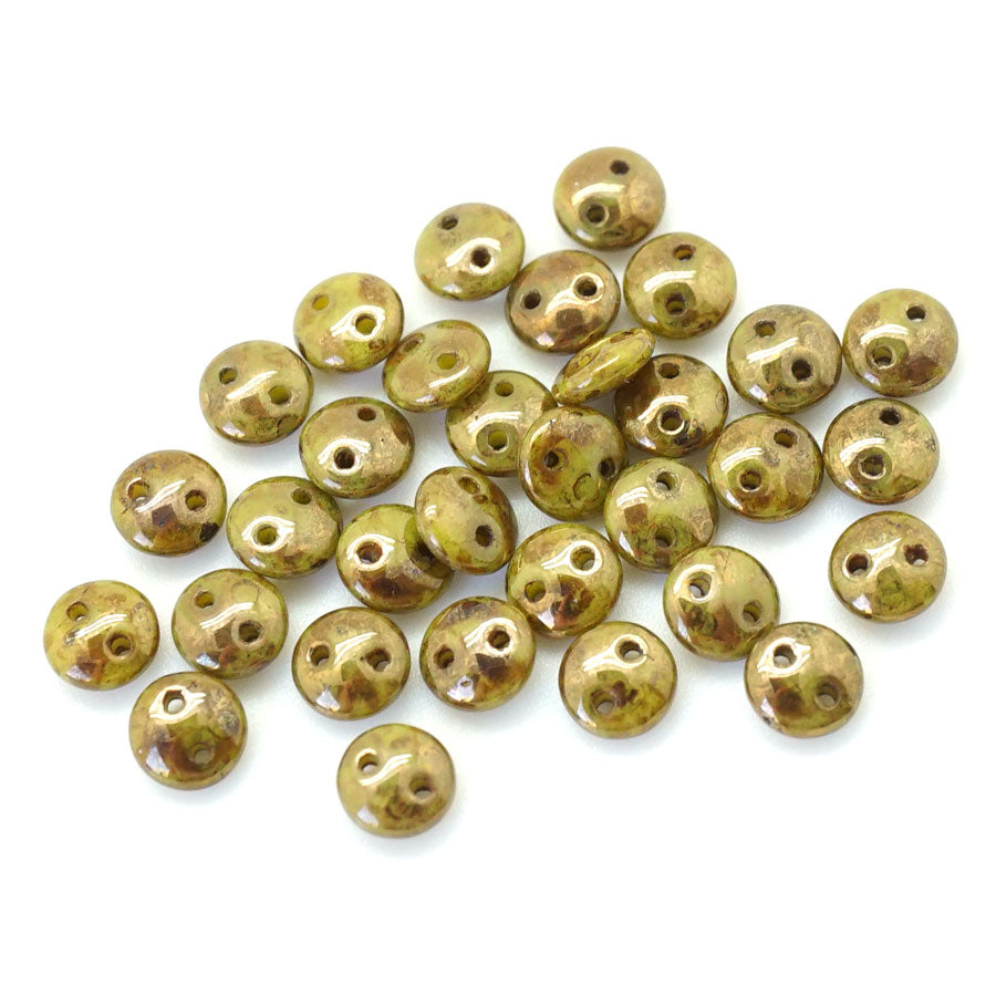 6mm Chartreuse Bronze Picasso Two Hole Lentil Czech Glass Beads by CzechMates - Goody Beads