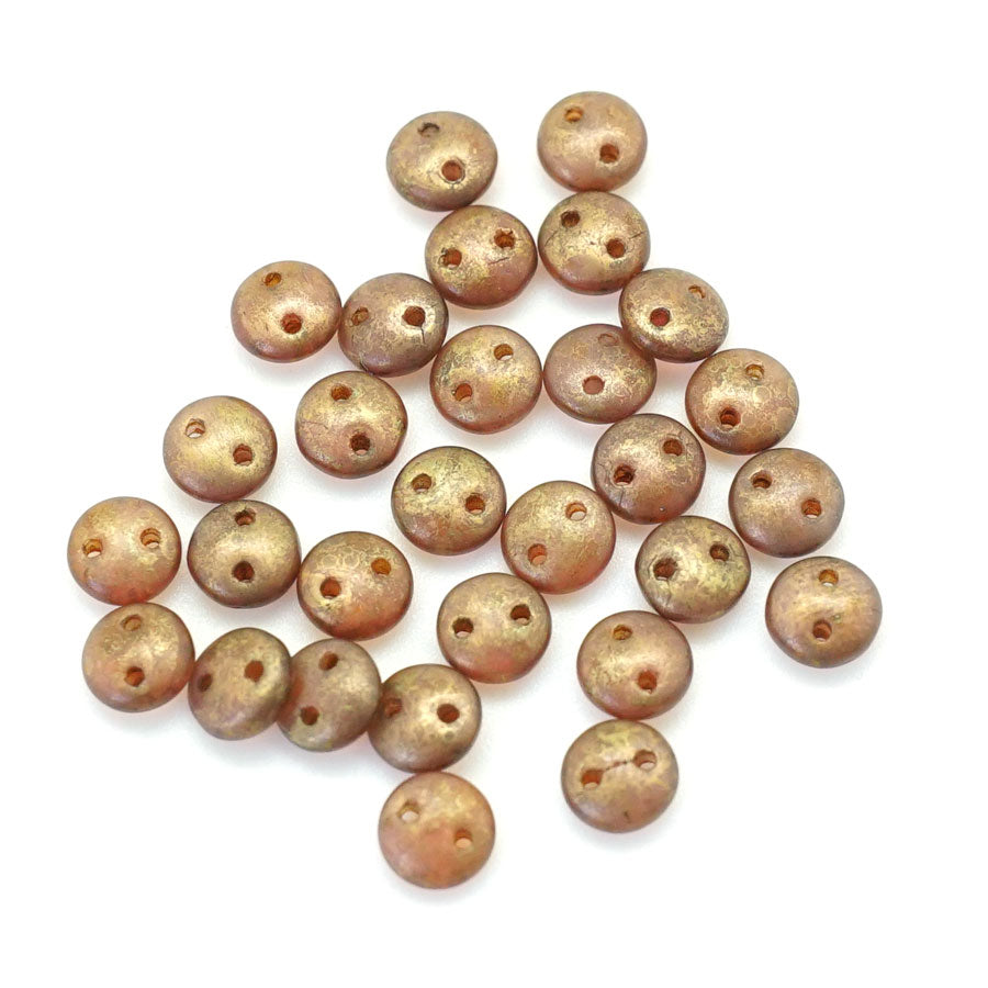6mm Milky Pink Copper Picasso Two Hole Lentil Czech Glass Beads by CzechMates - Goody Beads