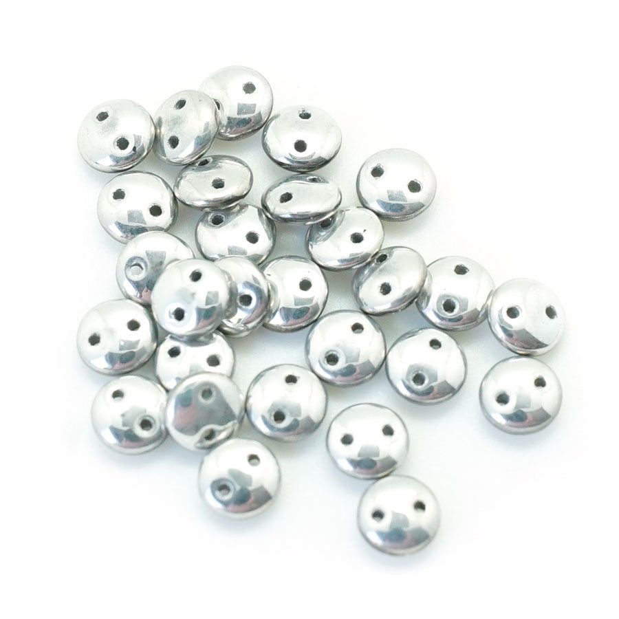 6mm Silver Two Hole Lentil Czech Glass Beads by CzechMates - Goody Beads