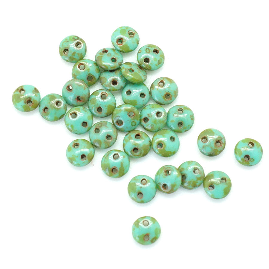 6mm Opaque Turquoise Picasso Two Hole Lentil Czech Glass Beads by CzechMates - Goody Beads