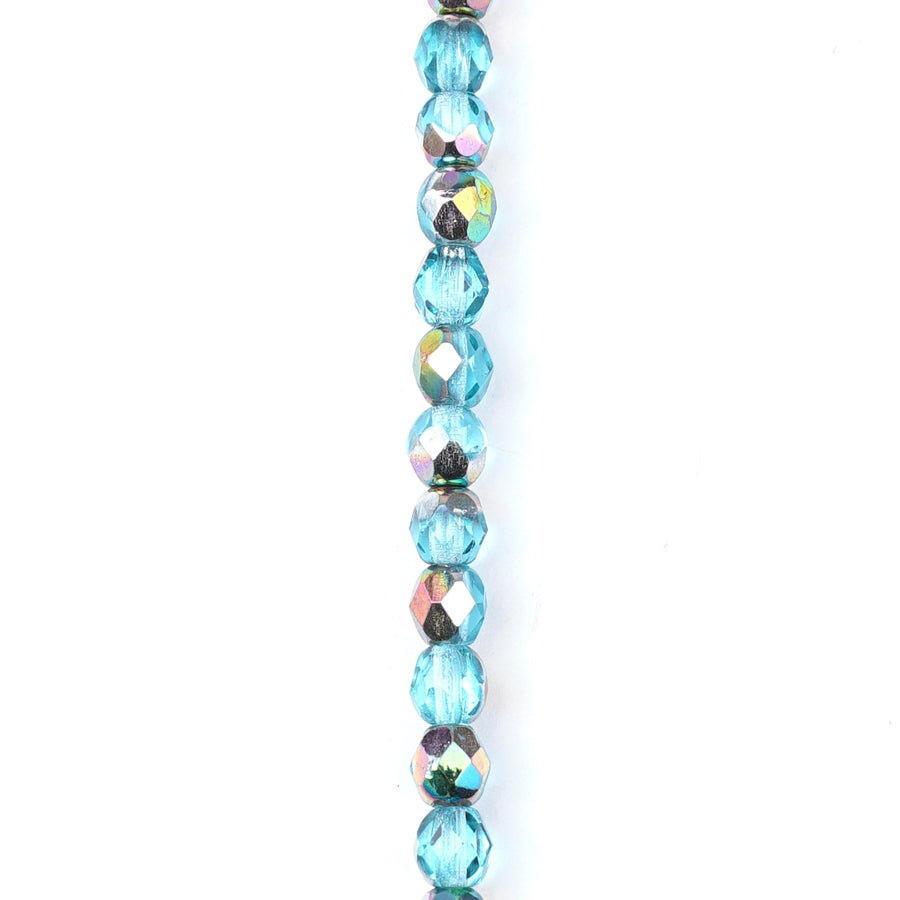 4mm Aqua Blue Transparent with Vitrail Finish Round Faceted Czech Glass Beads from Raven's Journey - Goody Beads