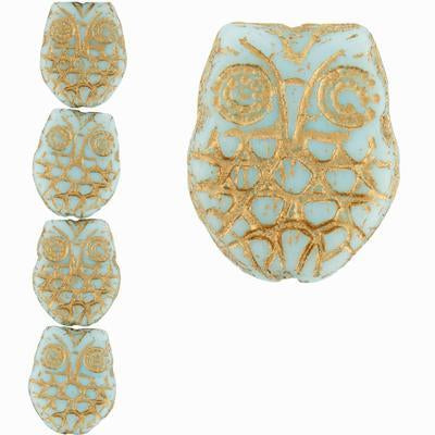 18x15mm Light Blue Sapphire Opaque with Gold Wash Horned Owl Czech Glass Beads from Raven's Journey - Goody Beads