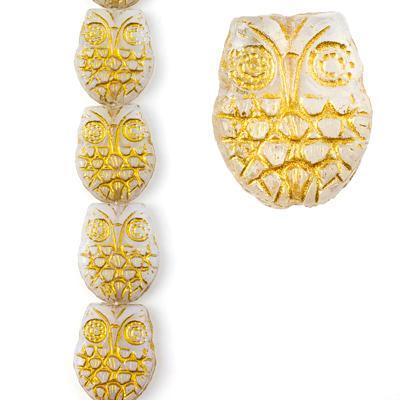 18x15mm White Opaline with Gold Wash Horned Owl Czech Glass Beads from Raven's Journey - Goody Beads