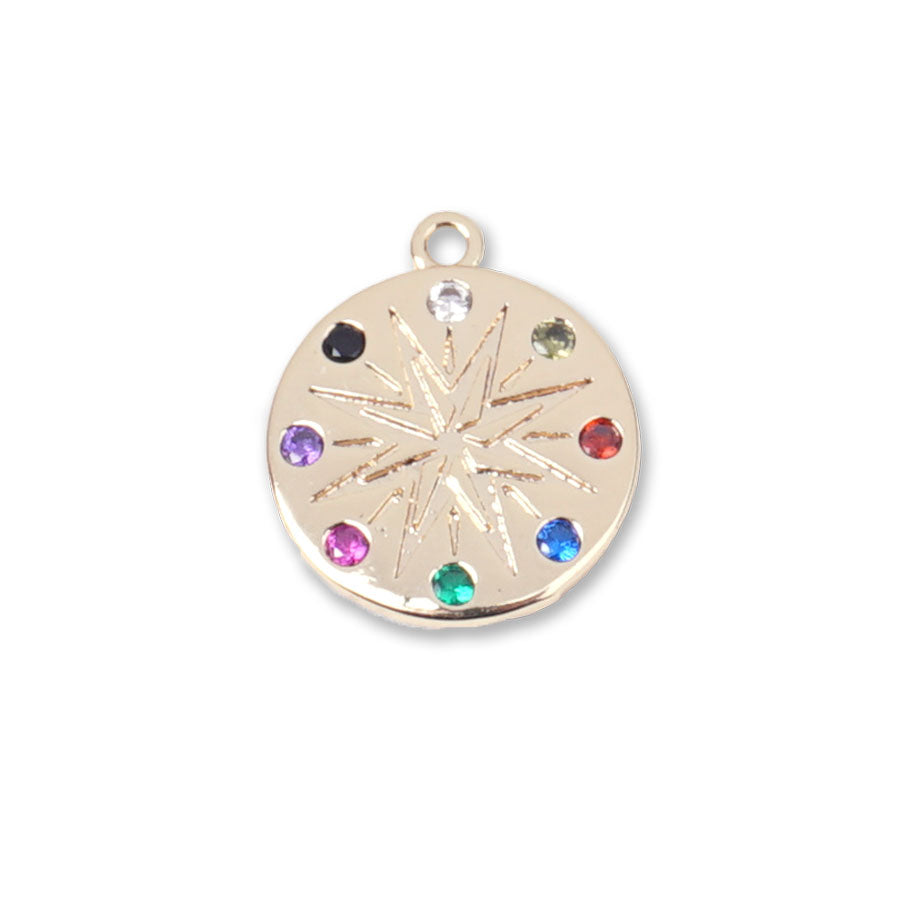 14mm Starburst with Multi Color Crystals Gold Plated Brass Charm/Pendant - Goody Beads