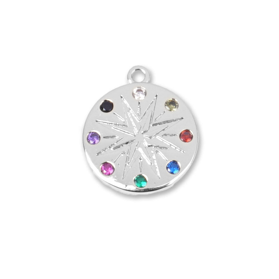 14mm Starburst with Multi Color Crystals Silver Plated Brass Charm/Pendant - Goody Beads